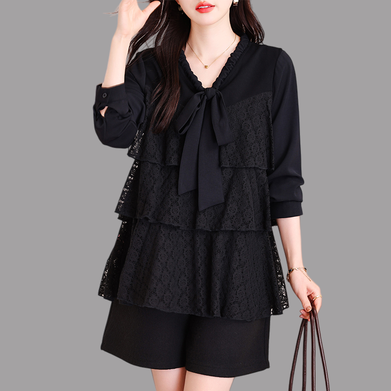 2025秋冬新款大码V领系带长袖上衣女设计感蝴蝶结气质洋气小衫