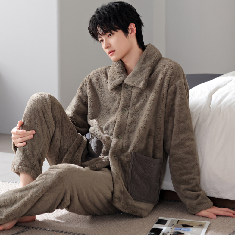 INGESARE男士冬季睡衣珊瑚绒加厚加绒保暖法兰绒可外穿家居服套装