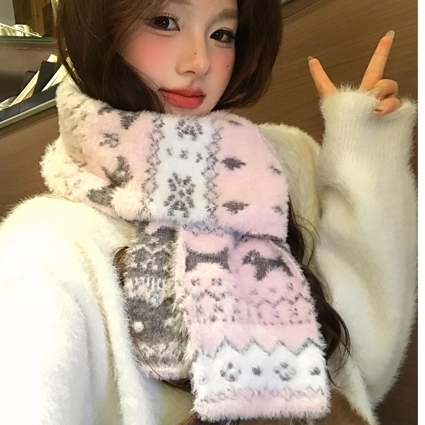 费尔岛猫咪提花针织围巾女2025新款秋冬季可爱氛围感保暖学生围脖