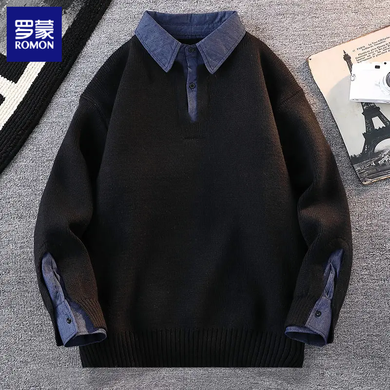 罗蒙秋冬季男士假两件毛衣潮流宽松衬衫领男针织衫男款2025韩版潮