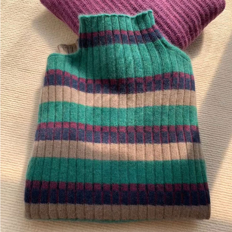 官方【专柜品质】针织衫毛衣女新款宽松七彩条纹半高领打底衫柔软