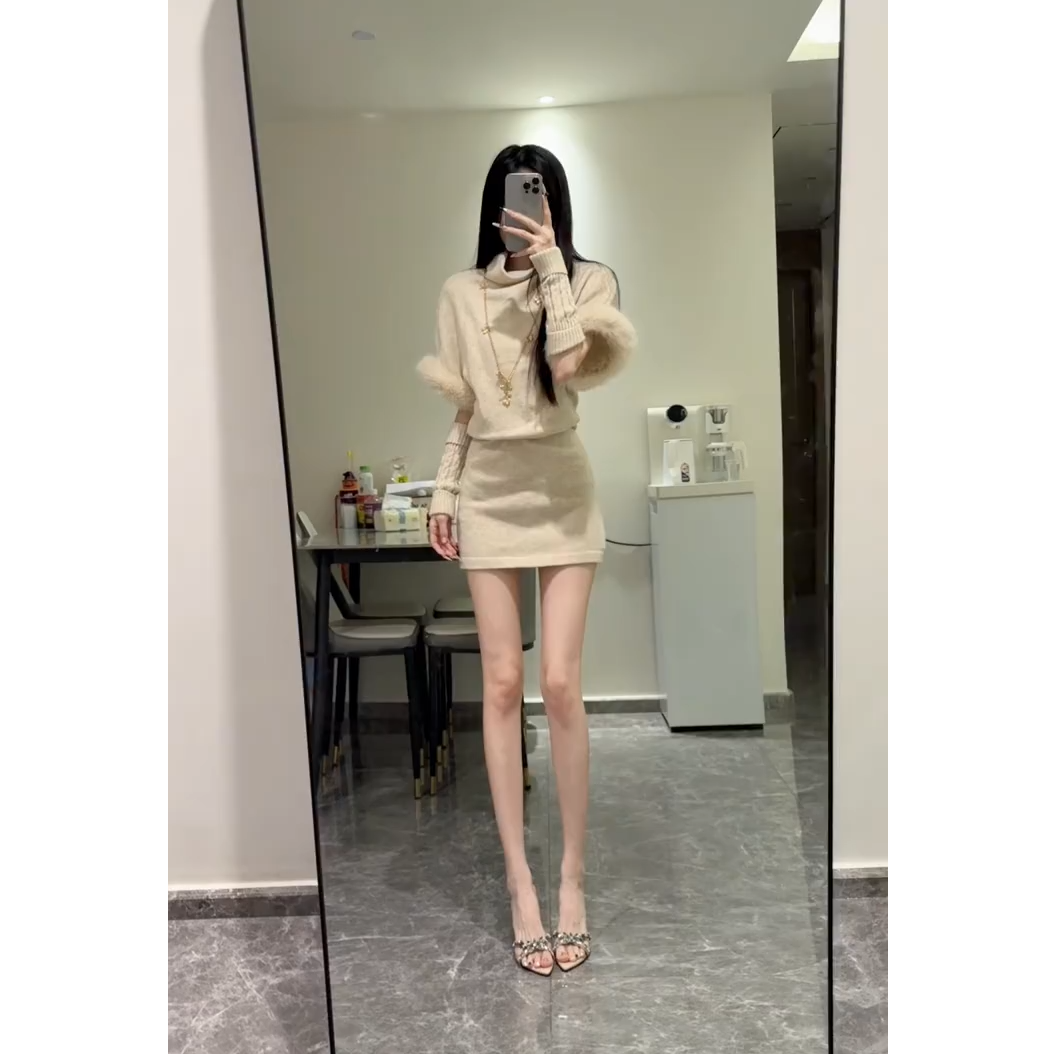 【巴斯奶兔】韩系气质女神2025秋冬新款时尚荡领连衣裙送针织手套