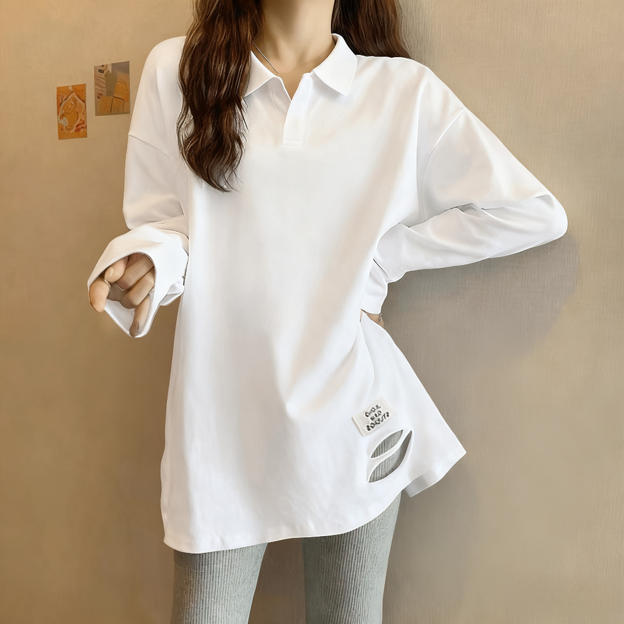 优质秋冬新款中长款白色打底衫女轻奢休闲加绒POLO领T恤减龄上衣