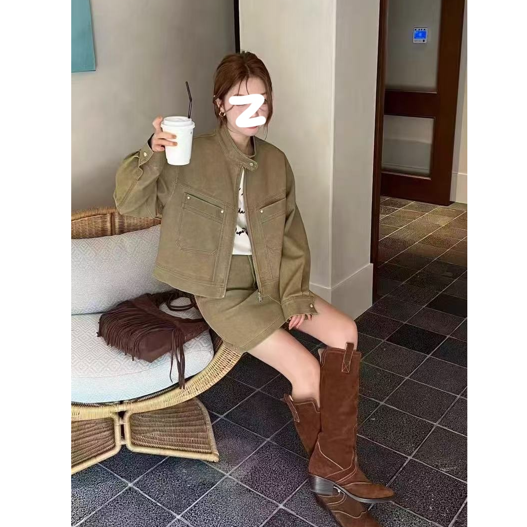 2025秋季新款时尚套装半立领长袖短款PU皮衣外套高腰半身裙两件套