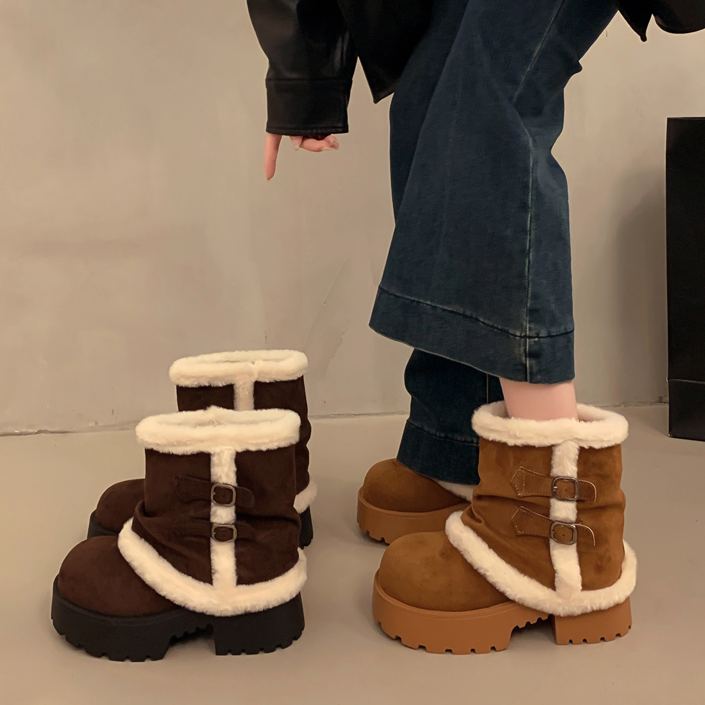 7CM增高厚底雪地靴女2025新款秋冬加绒棉毛毛鞋保暖短靴裤管靴子