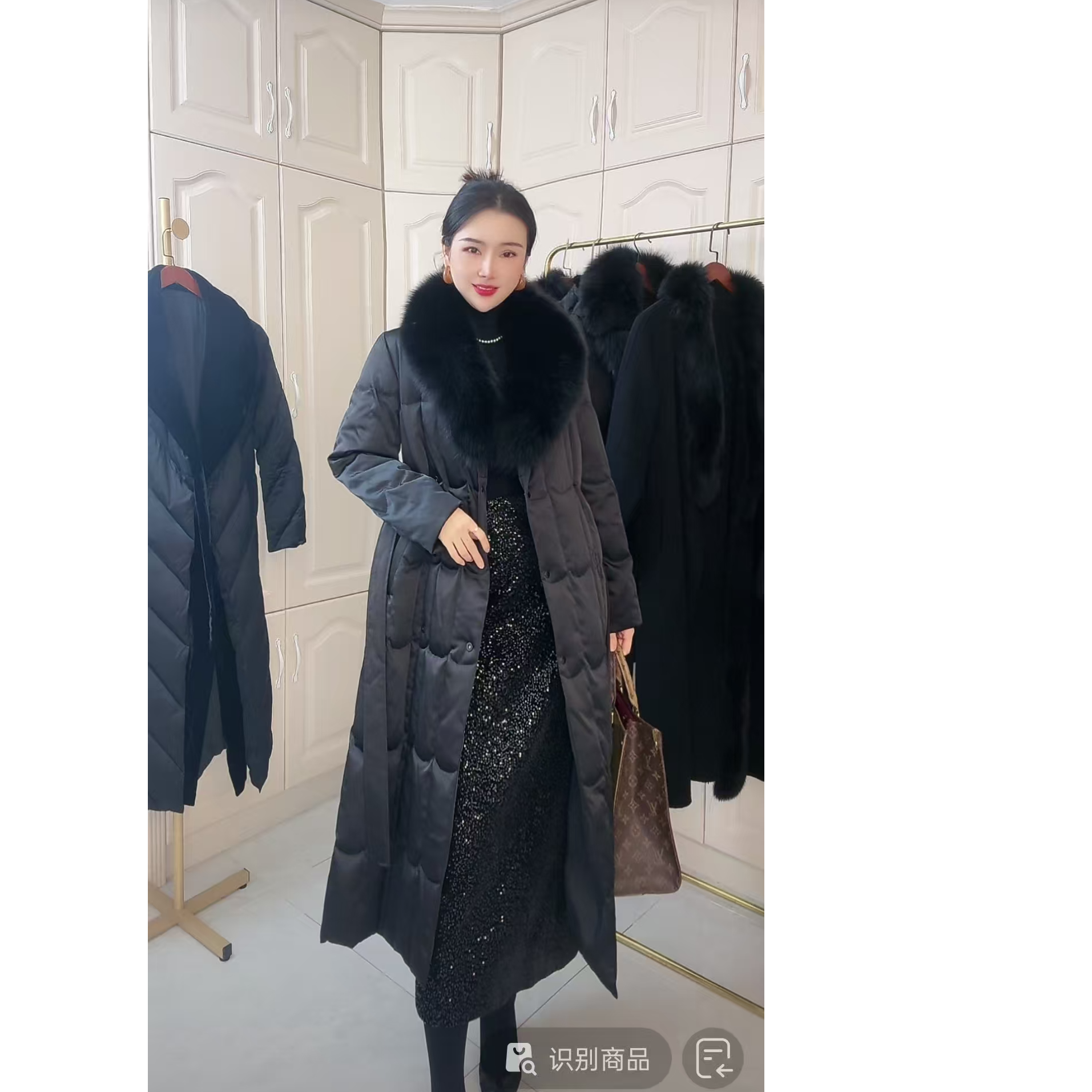 冬季新款高端时尚气质收腰显瘦狐狸毛领双排扣鹅绒服24170