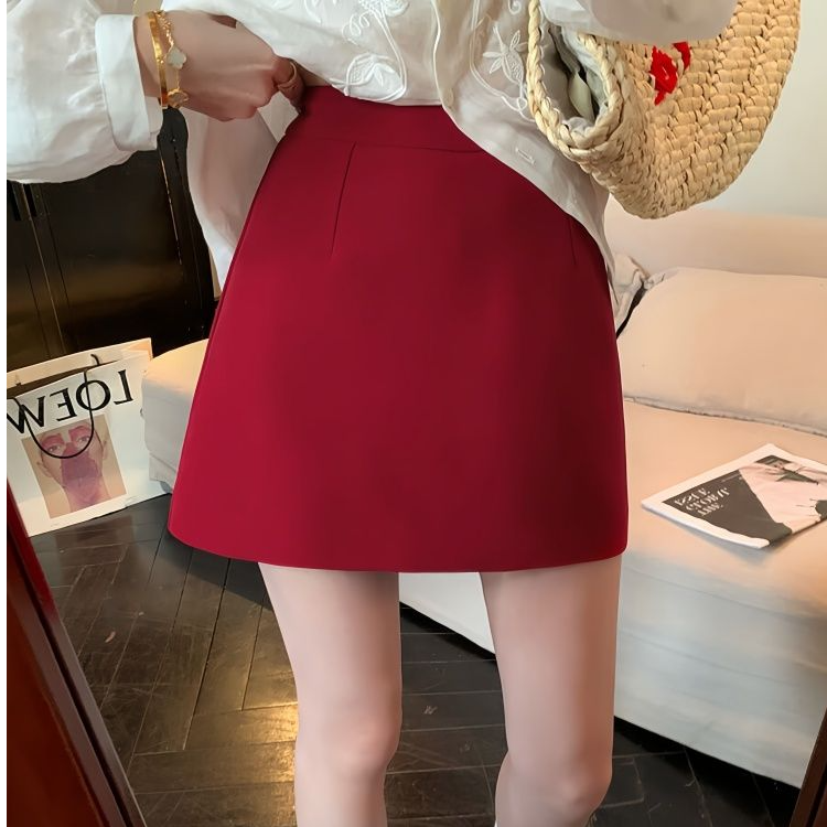 红色半身裙女夏季款高腰防走光显瘦包臀a字裙百搭气质西装短裙子