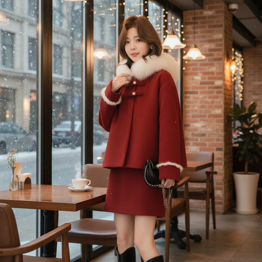 拼接毛呢套装女2025秋冬款两件套风套装气质圣诞新年简约小香风