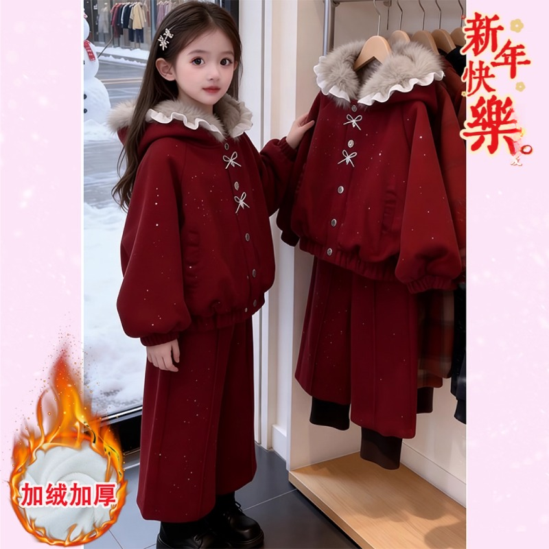 女童红色毛呢外套假两件阔腿裤套装冬装2025新款加绒卡通大衣年服