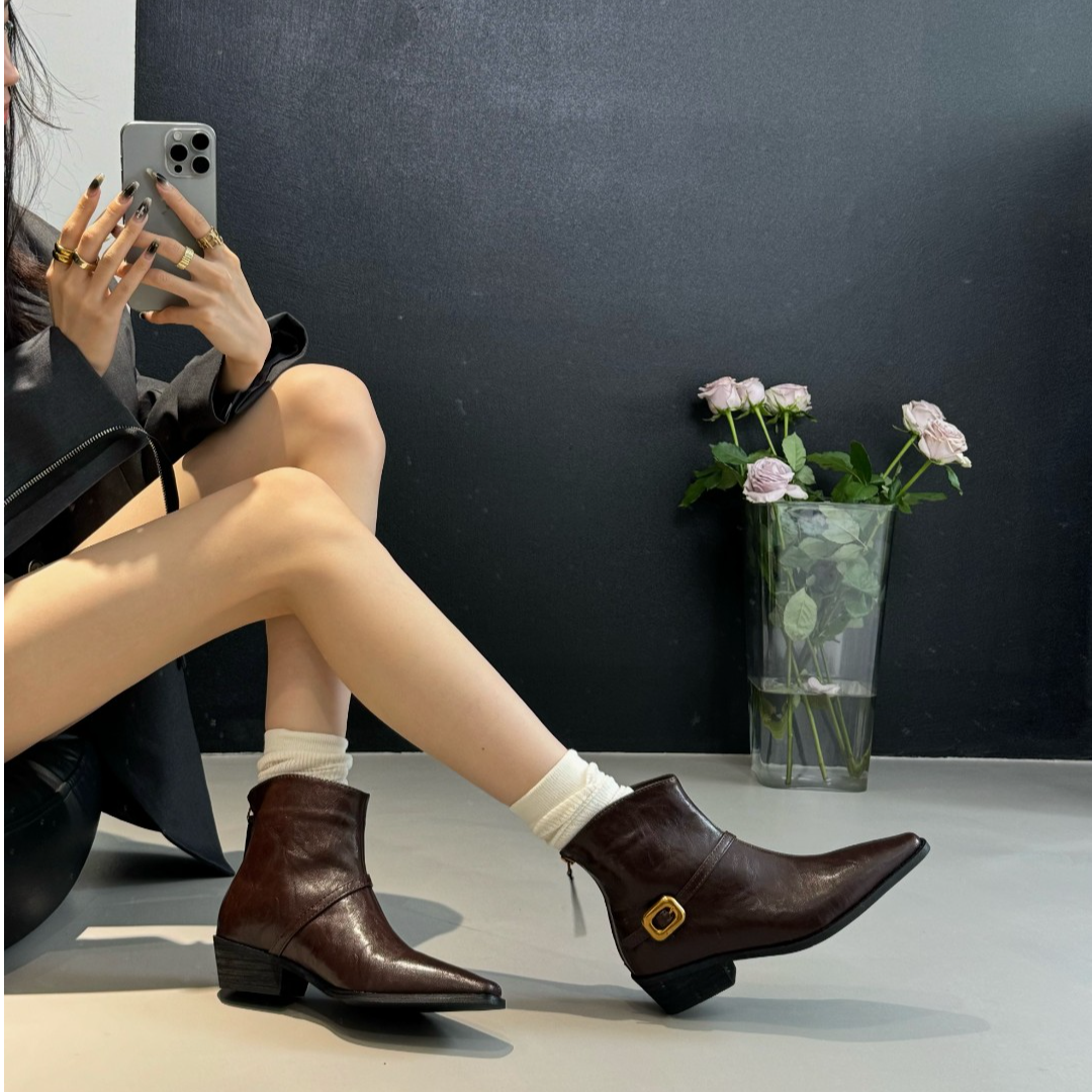GF-98K-2法式气质尖头短靴女靴子2025年春秋粗跟马丁切尔西小踝靴