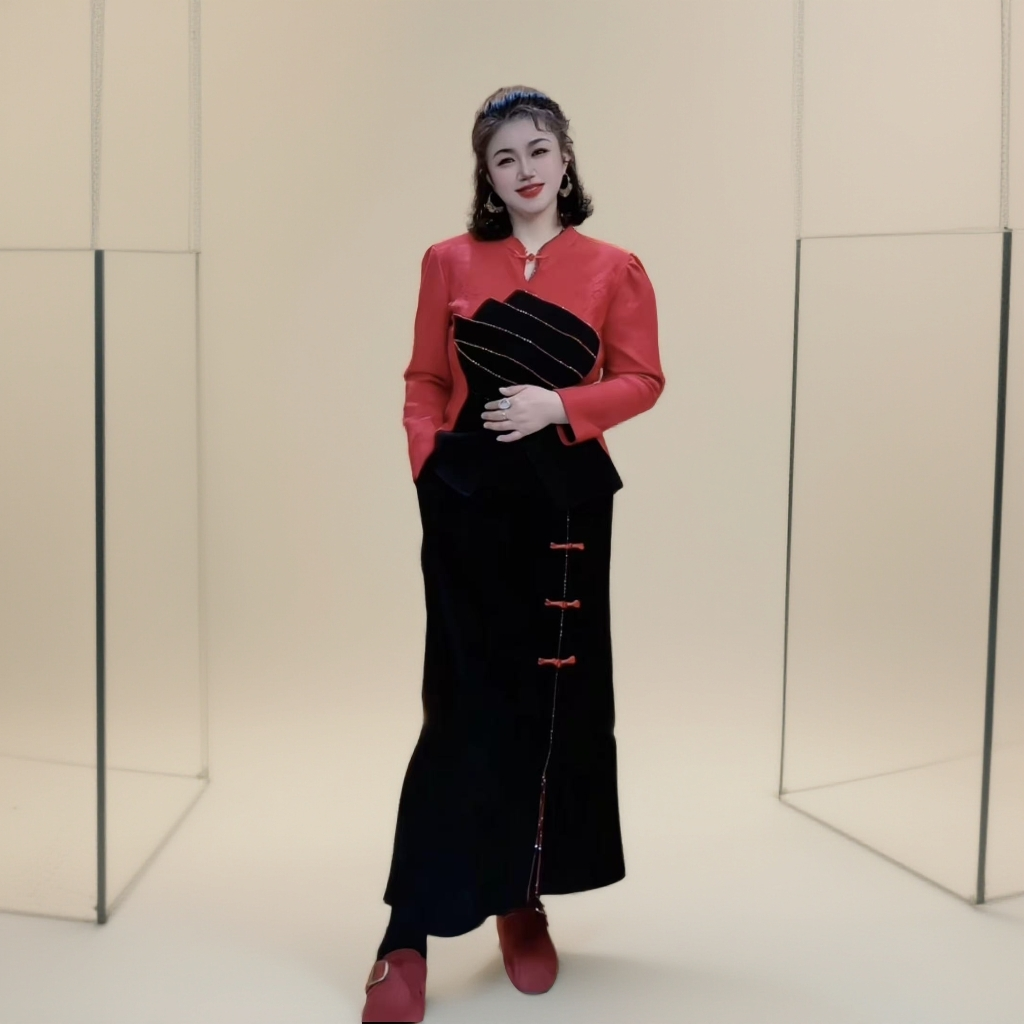 2025年秋冬季新款洋气新年款撞色拼接两件套