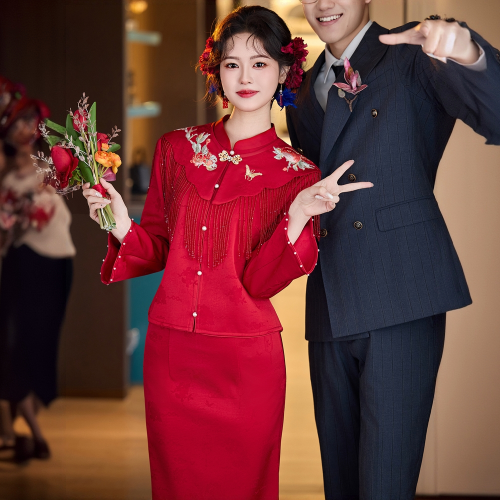 红色旗袍披肩套装敬酒服新娘冬装订婚结婚礼服新中式回门加绒加厚