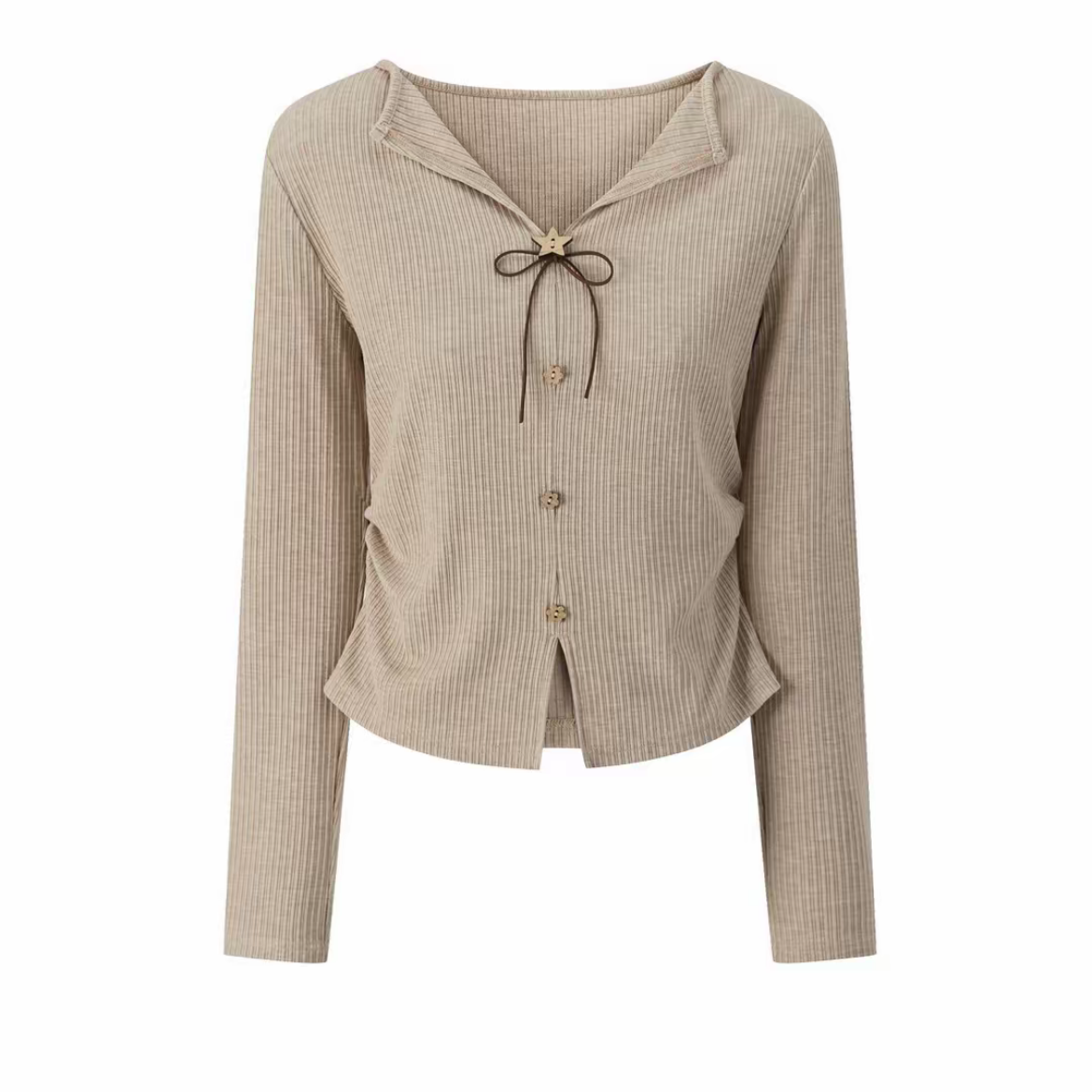 蝴蝶结V领长袖t恤新款小众木质五角星花朵纽扣修身显瘦上衣