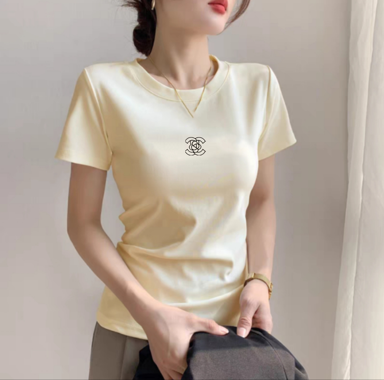 1594【万针刺绣】2025夏季超好看上衣韩系洋气纹棉短袖t恤-双C花朵