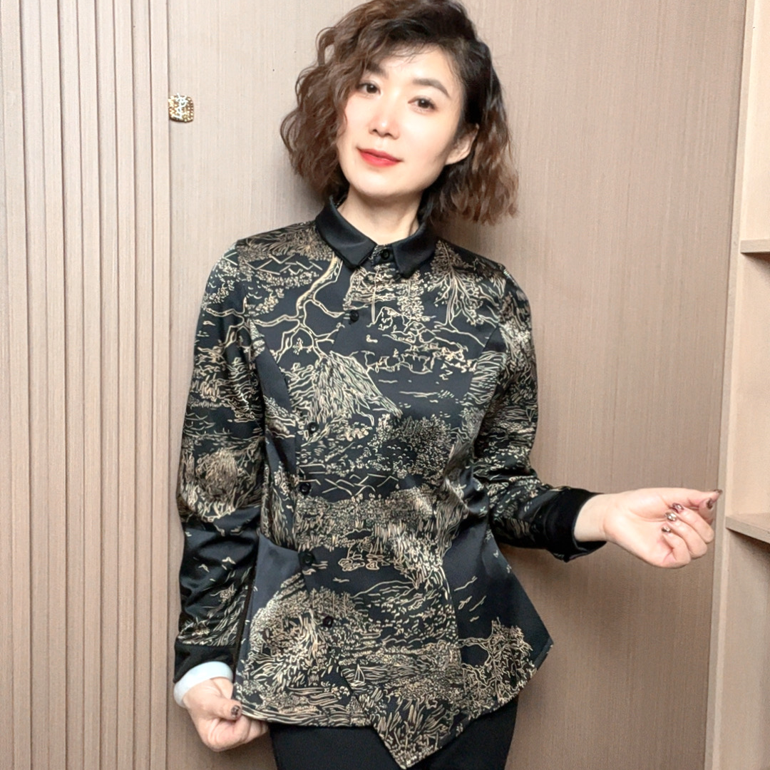 显瘦气质长袖印花修身加绒衬衫女洋气时尚打底复古秋冬立领秋季