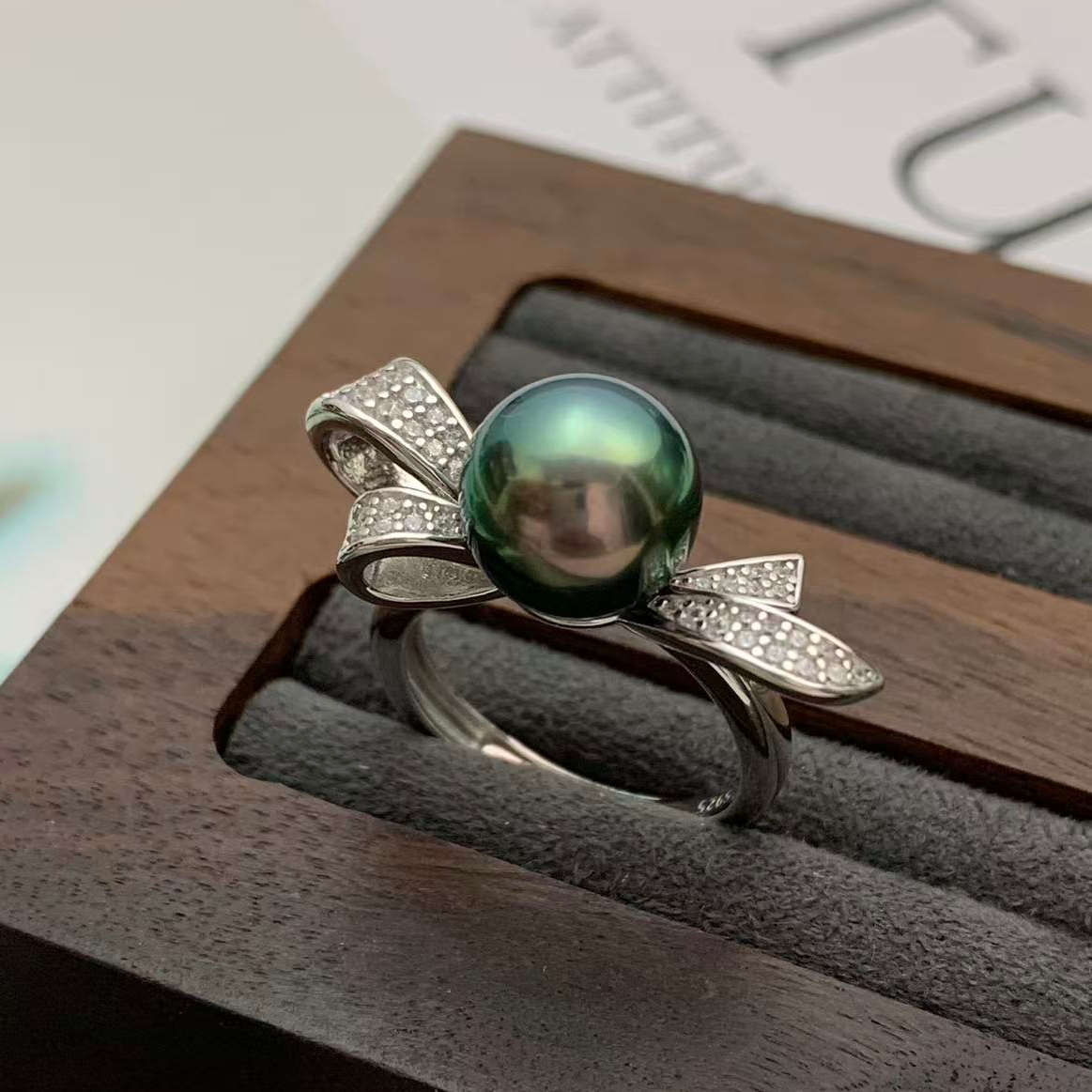 天然海水珍珠大溪地孔雀绿 9-10mm 蝴蝶结款珍珠戒指（拼单勿拍）！！