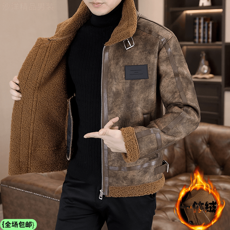 新款冬季皮衣男潮复古休闲时尚加绒翻领保暖夹克棉服短款男士外套