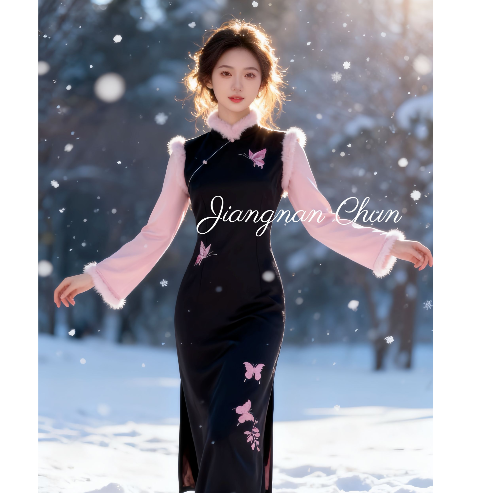 江南春【粉鸾星动】冬款新中式蝴蝶绣花假两件黑撞粉旗袍裙气质显瘦