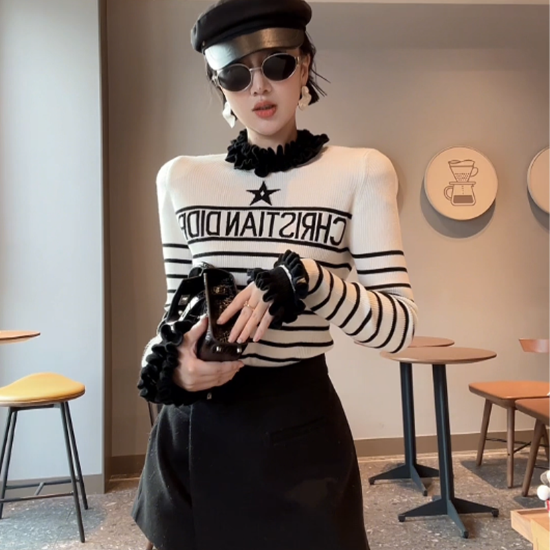 XIAOBAI冬季修身长袖针织条纹五角星毛针织