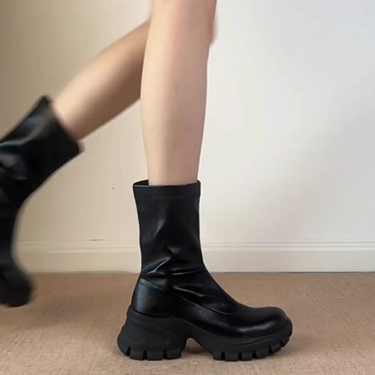 羊皮版~小个子厚底增高圆头弹力瘦瘦靴女黑色百搭短靴马丁靴