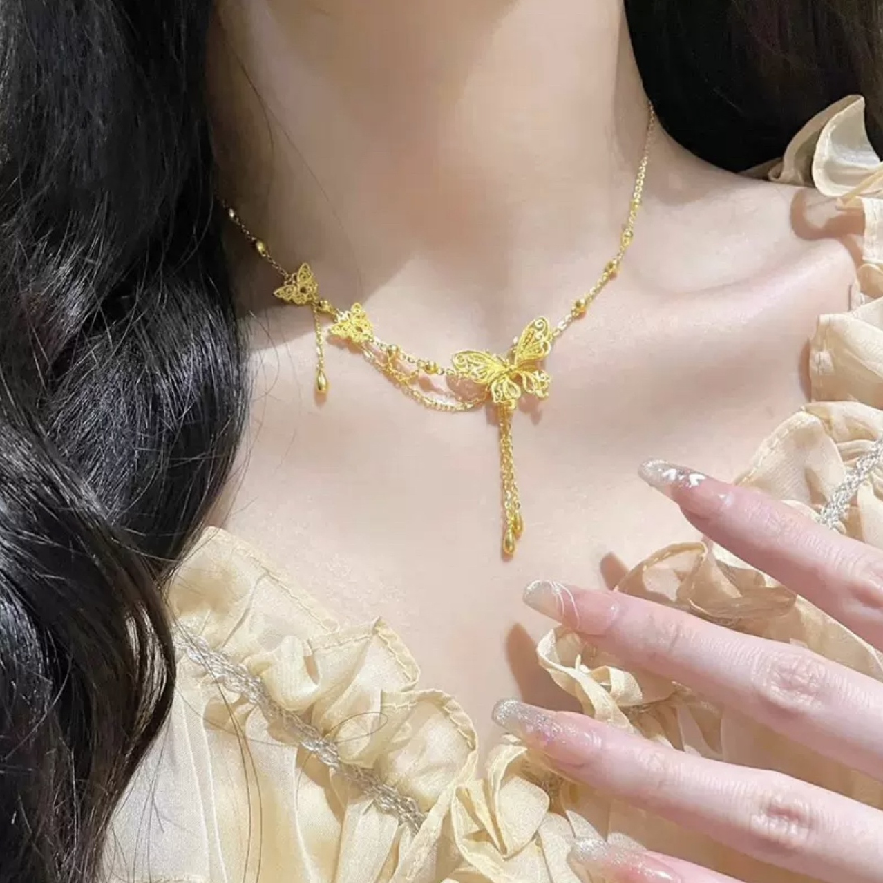 铜合金项链 新中式镜花蝶梦花丝蝴蝶项链女百搭蝴蝶锁骨链