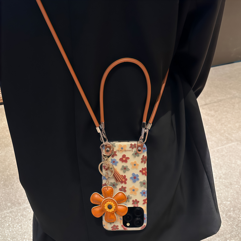 杏底彩色花朵适用iPhone17ProMax手机壳斜挎苹果16腕带15/14/13女