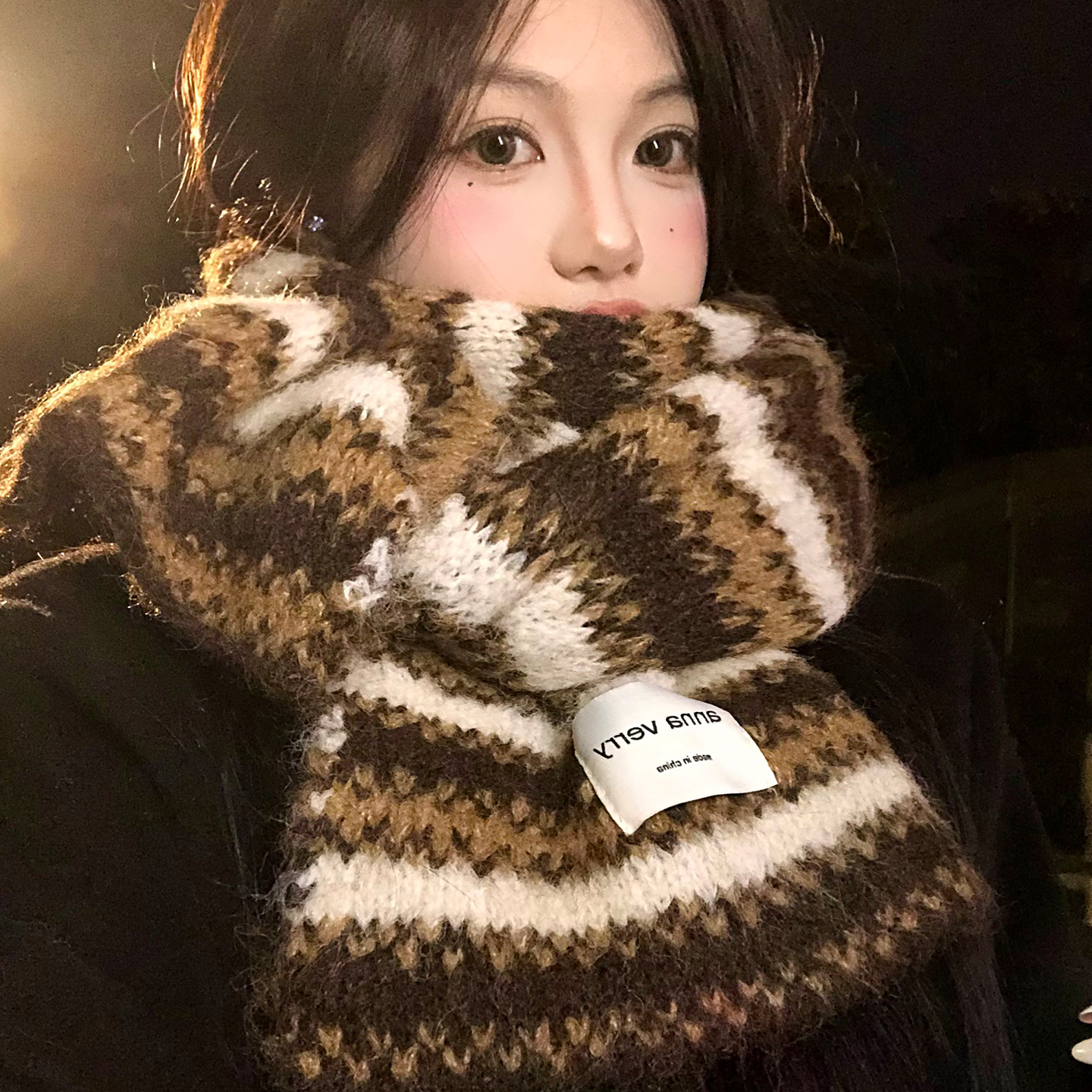 美拉德拼色含羊毛针织围巾女秋冬保暖加厚防寒护颈韩系氛围感围脖