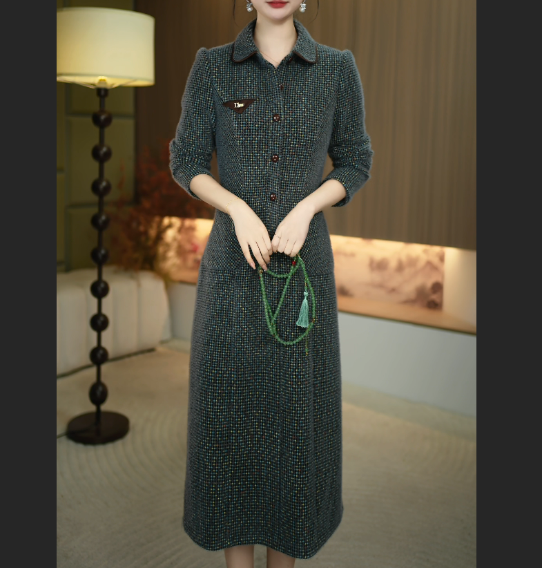 【暖晴川】秋冬新款新款新中式减龄小翻领中长款气质连衣裙