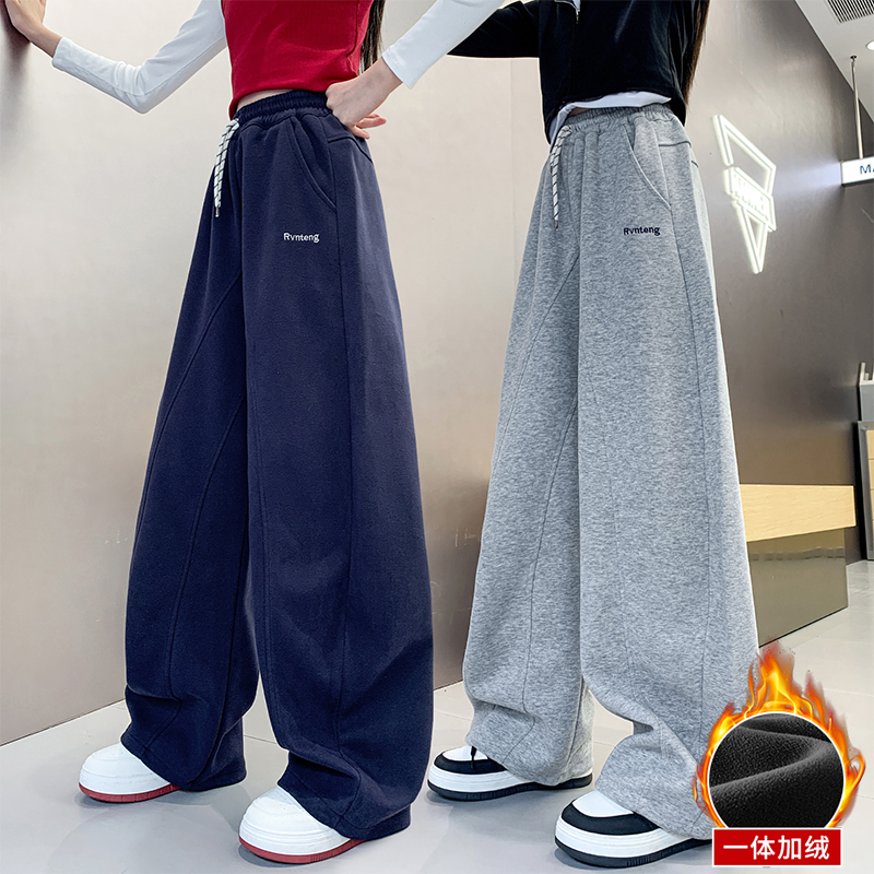 女童冬款加绒裤子2025儿童直筒卫裤中大童休闲长裤宽松韩版弯刀裤