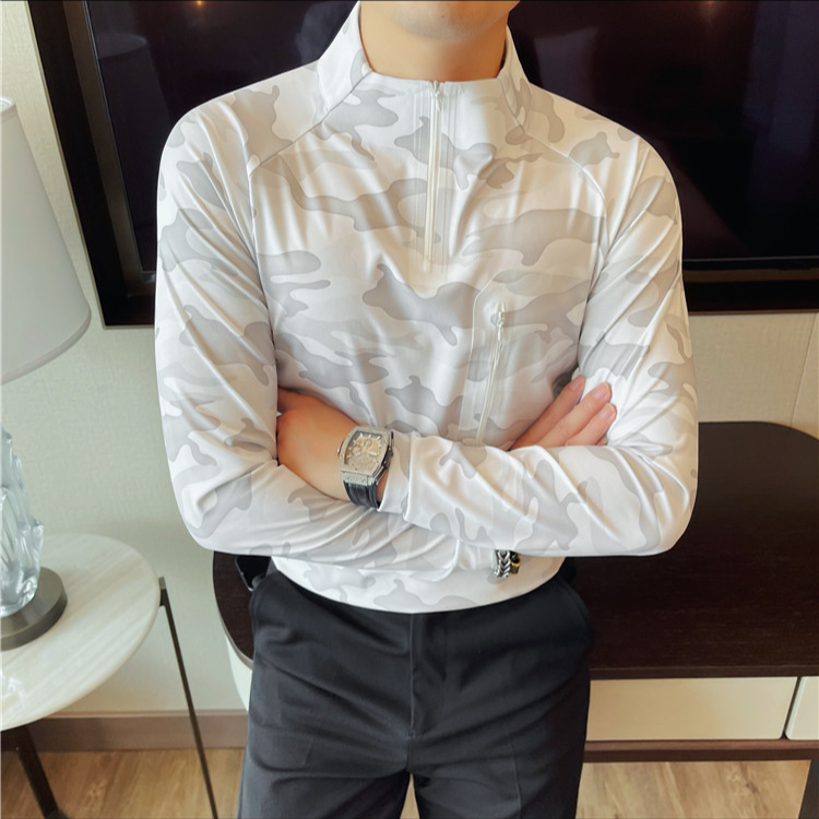 秋季男士长袖t恤韩版修身鲨鱼皮运动健身休闲上衣男款立领打底衫