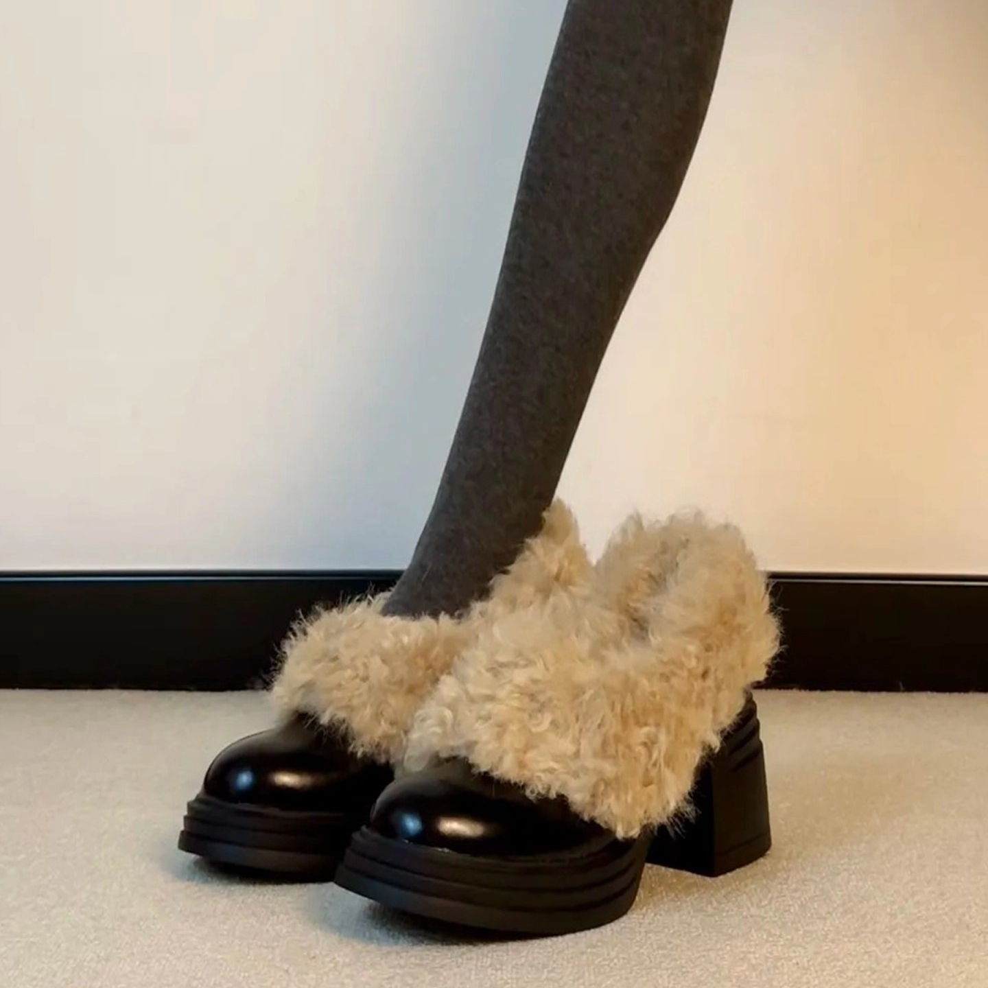 牛皮版~法式加绒毛毛鞋女冬款一脚蹬圆头乐福鞋粗跟玛丽珍小皮鞋