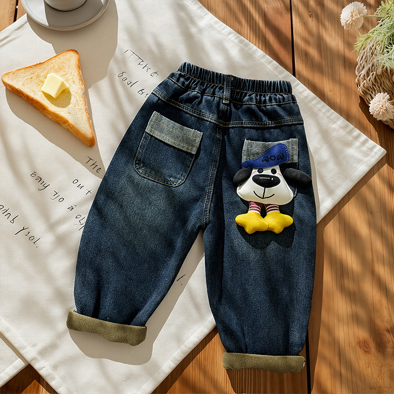 儿童加绒牛仔裤新款男童韩版冬装小童洋气冬季卡通加厚休闲长裤子