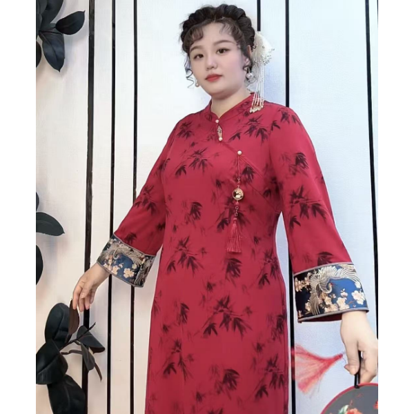码加加51820胖MM秋季大码新中式竹叶国风提花袖口拼接旗袍连衣裙