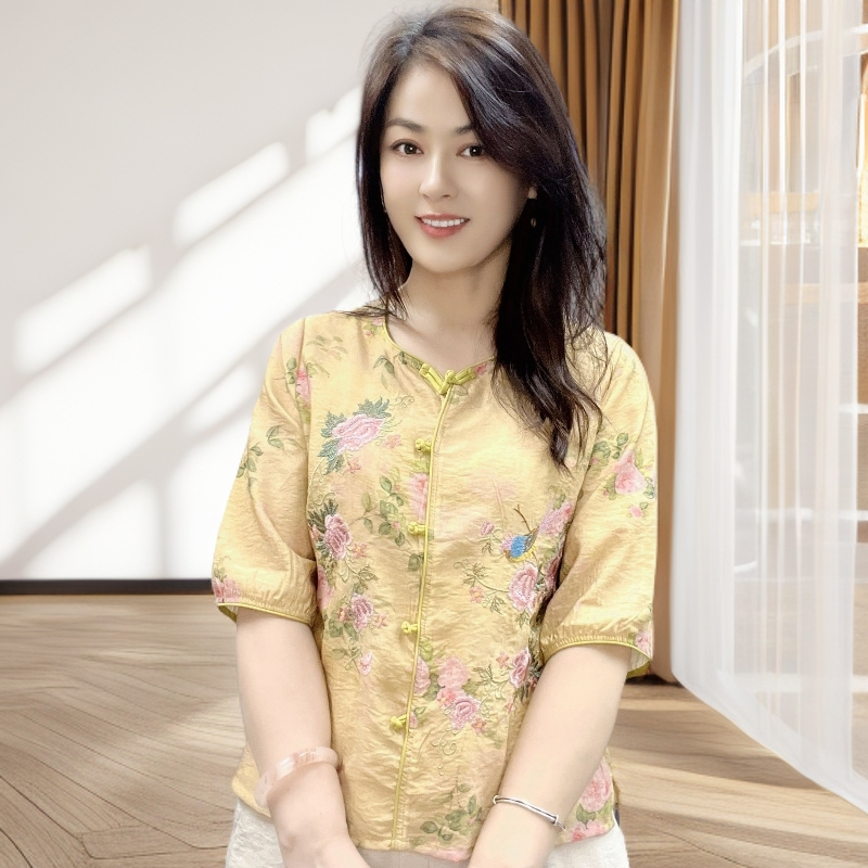 曦娅 夏季新款新中式【国色牡丹刺绣衬衫】复古气质宽松薄款上衣