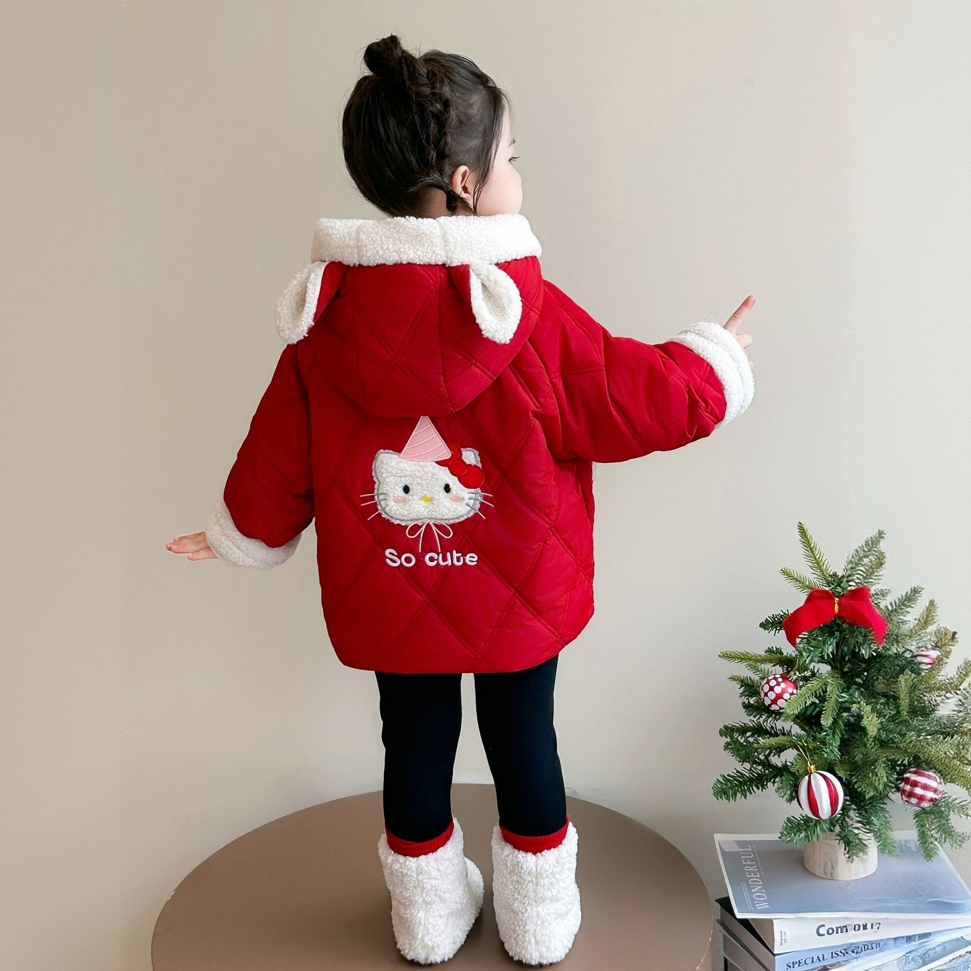 女童卡通加绒棉服秋冬季2025新款洋气女宝宝加厚保暖冬装连帽棉衣