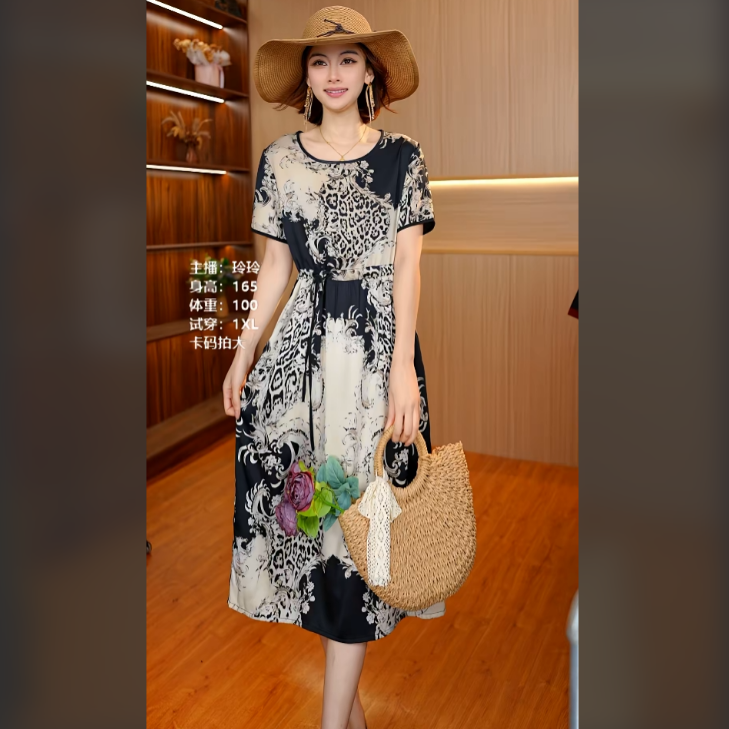 7813-15【黑白腰果花】款时尚精致连衣裙