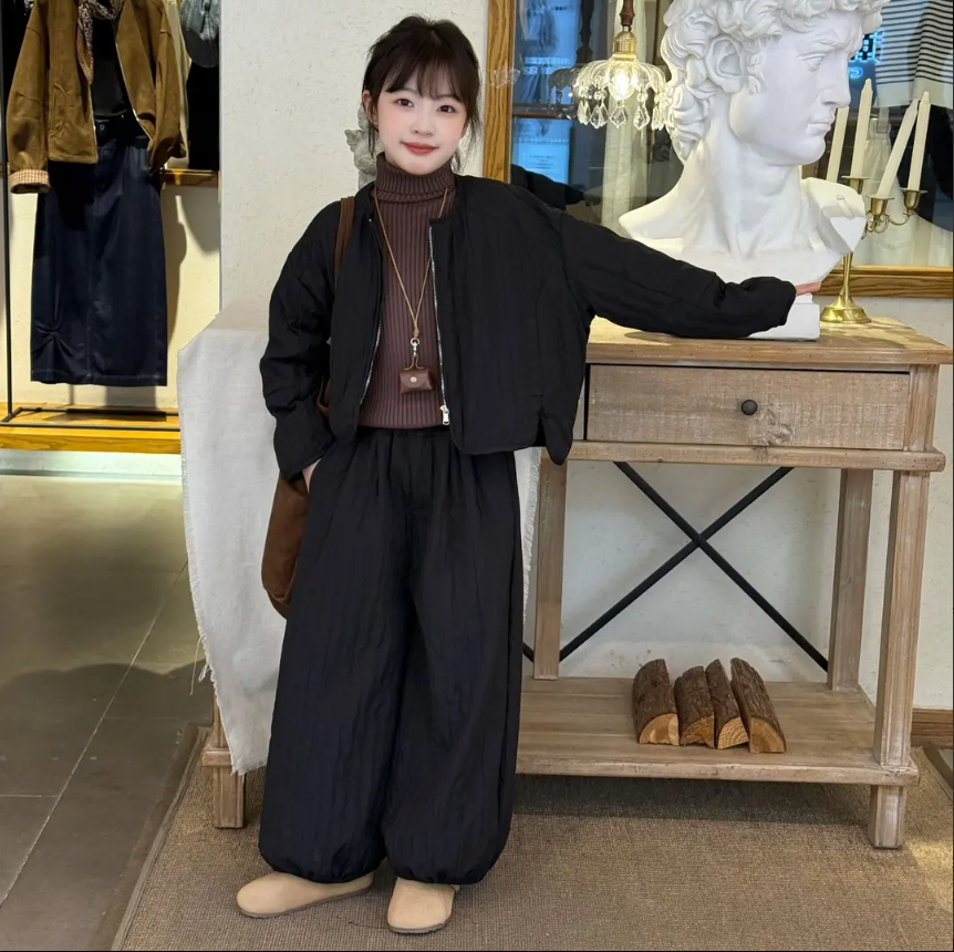 女童棉衣2025冬款洋气百搭圆领棉服外套高腰加绒阔腿裤纯色两件套