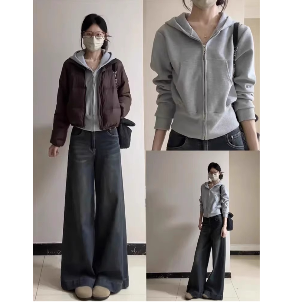 灰色卫衣正肩短款外套女秋季连帽修身收腰上衣早秋韩系穿搭小个子