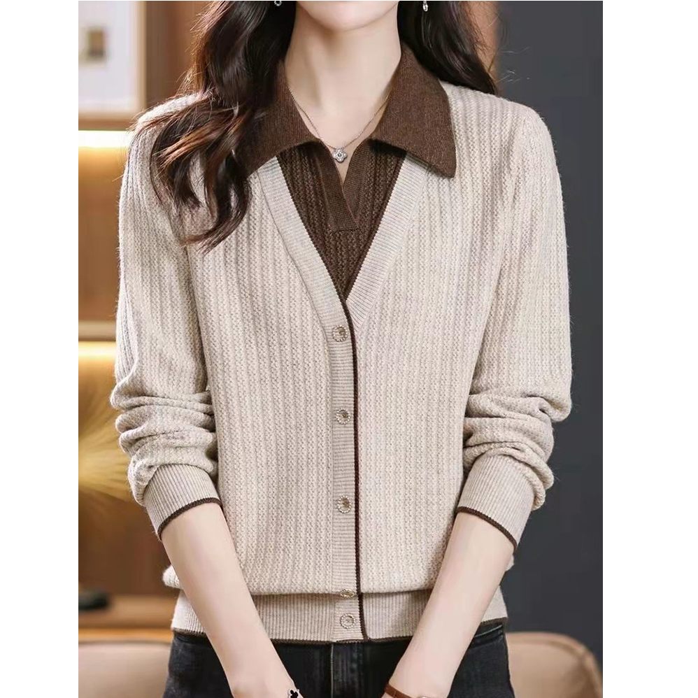 6029翻领假两件衬衫针织衫大码时尚气质女装秋冬长袖宽松洋气毛衣