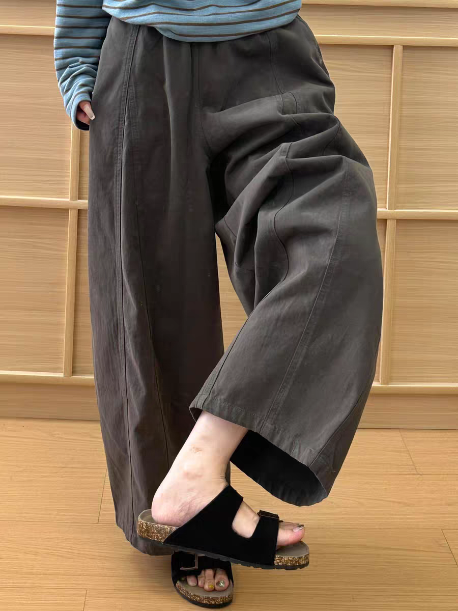 韩系松弛感深灰色阔腿弯刀裤子女大码胖mm秋季宽松休闲九分气球裤