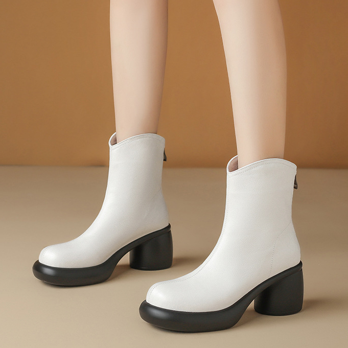 头层牛皮粗跟马丁靴女秋冬加绒瘦瘦靴厚底增高白色高跟防水台单靴