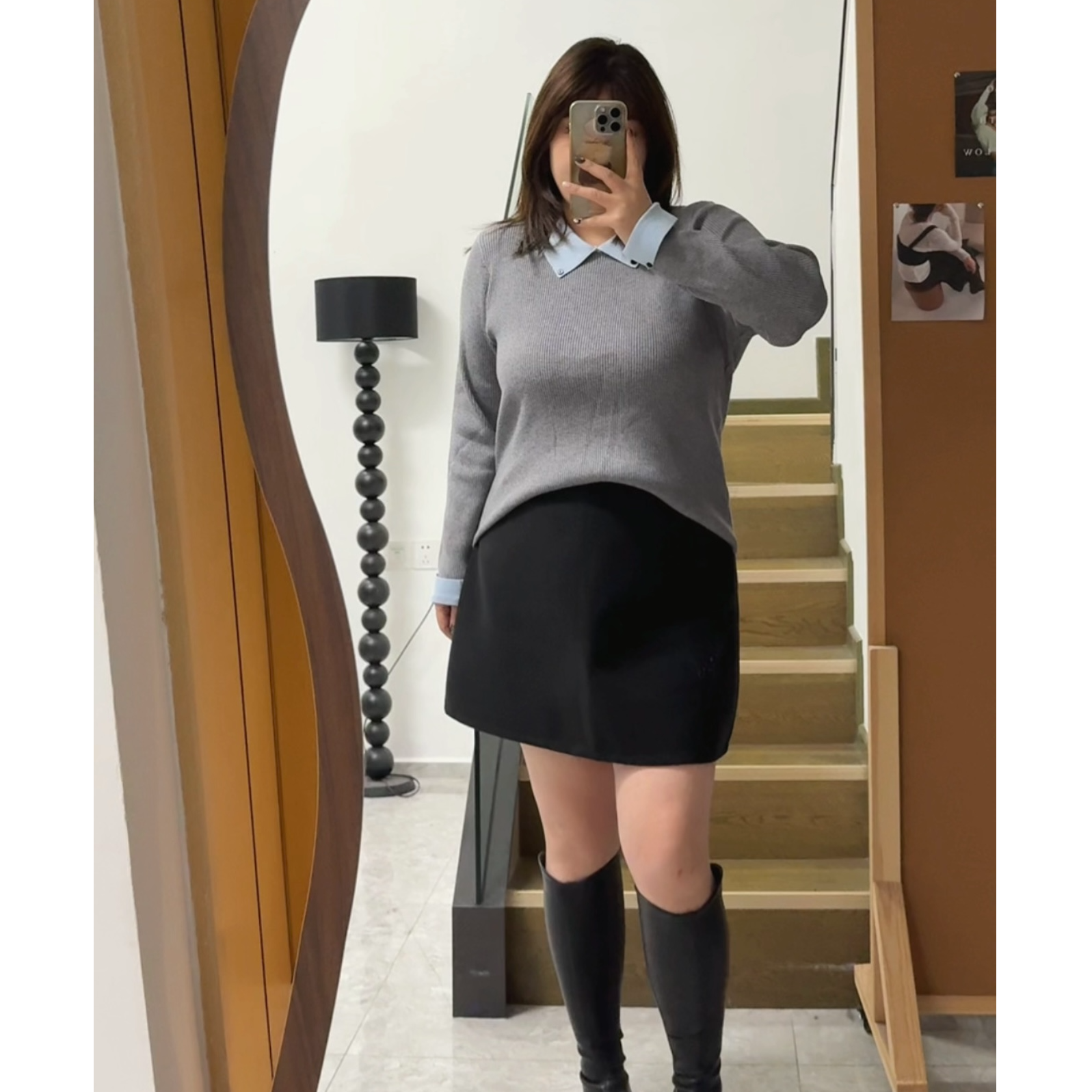 0426/0427MIU系撞色拼接翻领毛衣冬季保暖显瘦大码女装针织衫3825