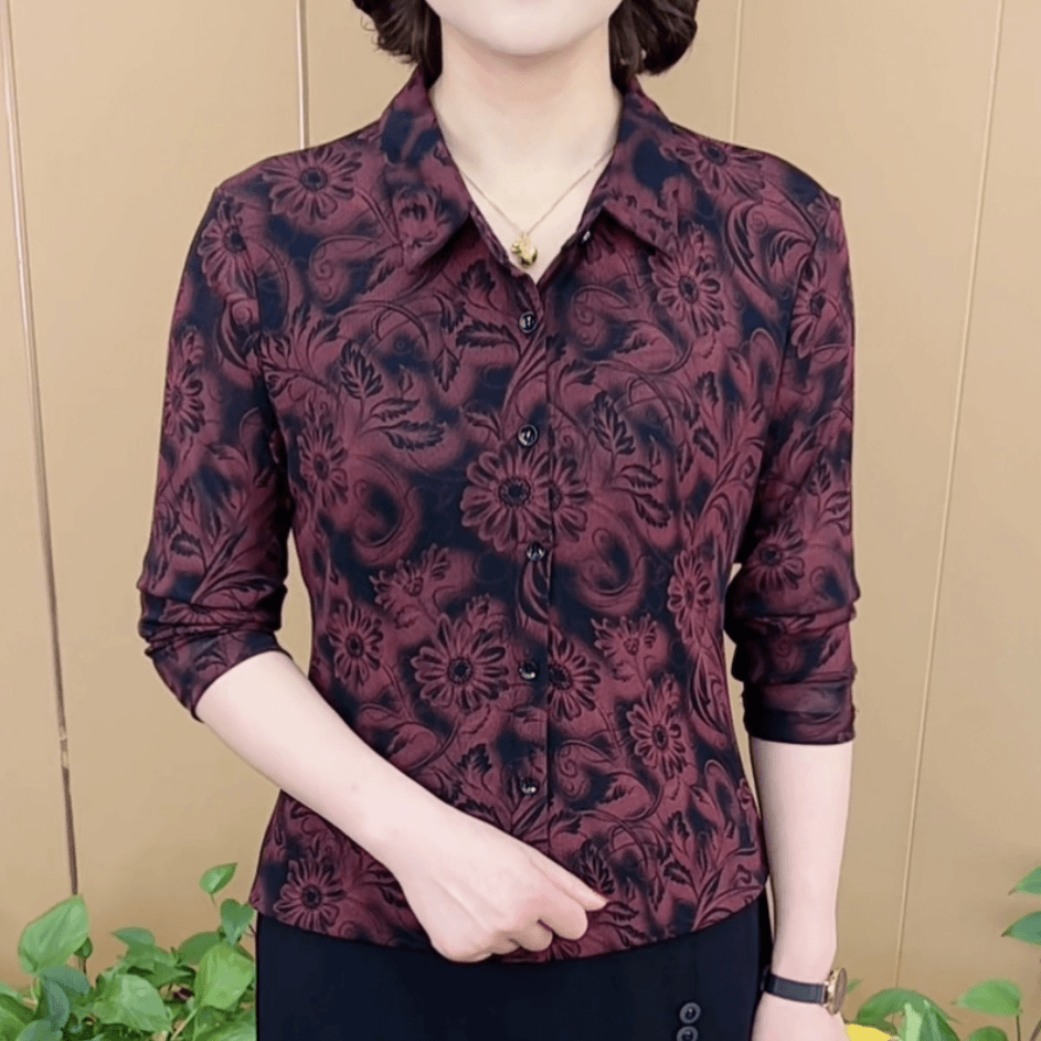 2025秋冬季轻奢高档碎花气质衬衫妈妈打底衫翻领减龄上衣