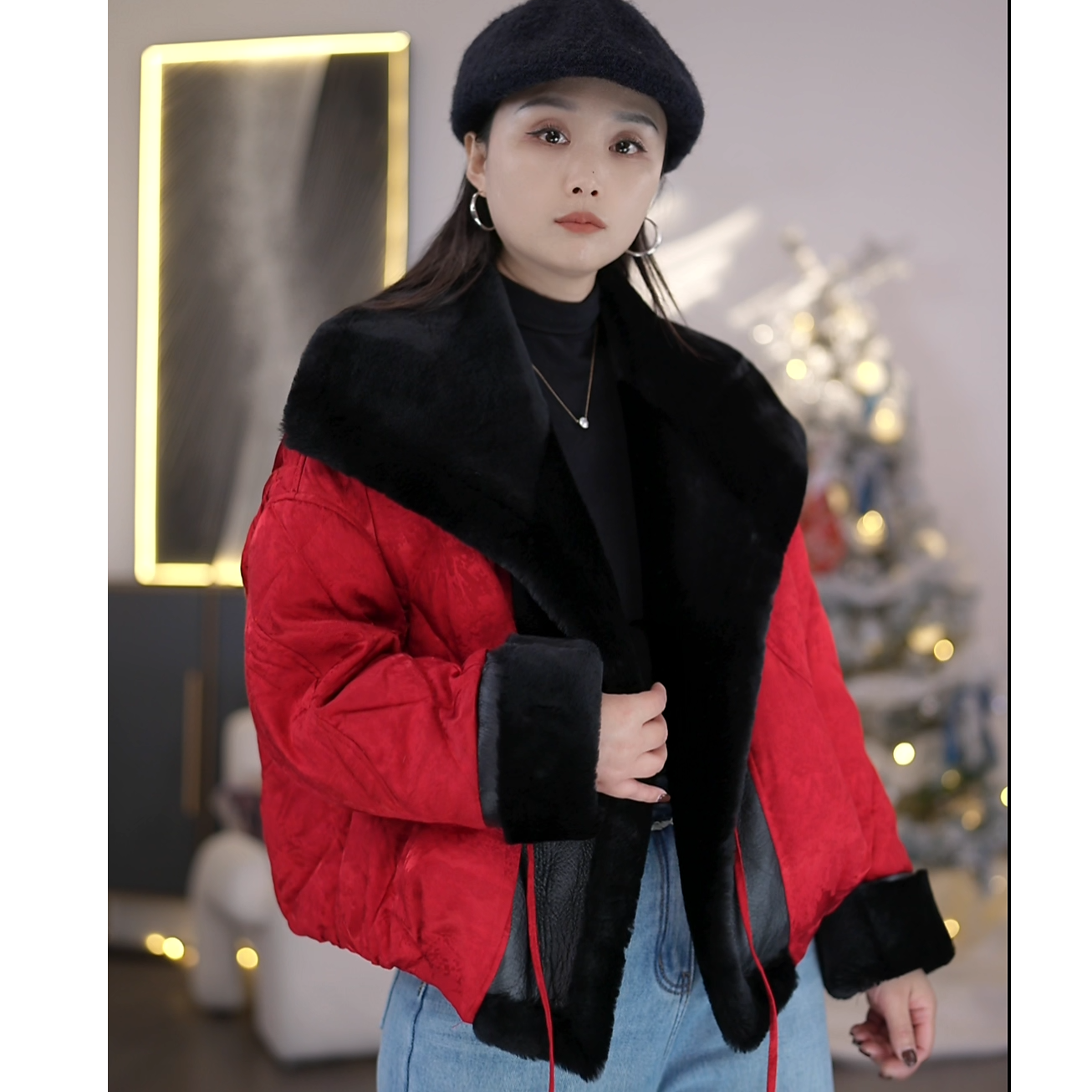 保暖优等品印花翻领女海军领冬季时尚网红拼接皮草鹅绒服短款