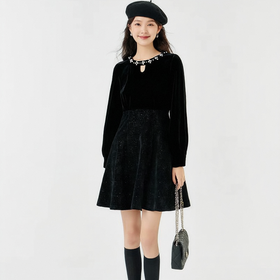 奢姿【氛围感】大码女装2025冬季减龄钉珠镂空连衣裙胖妹妹丝绒裙