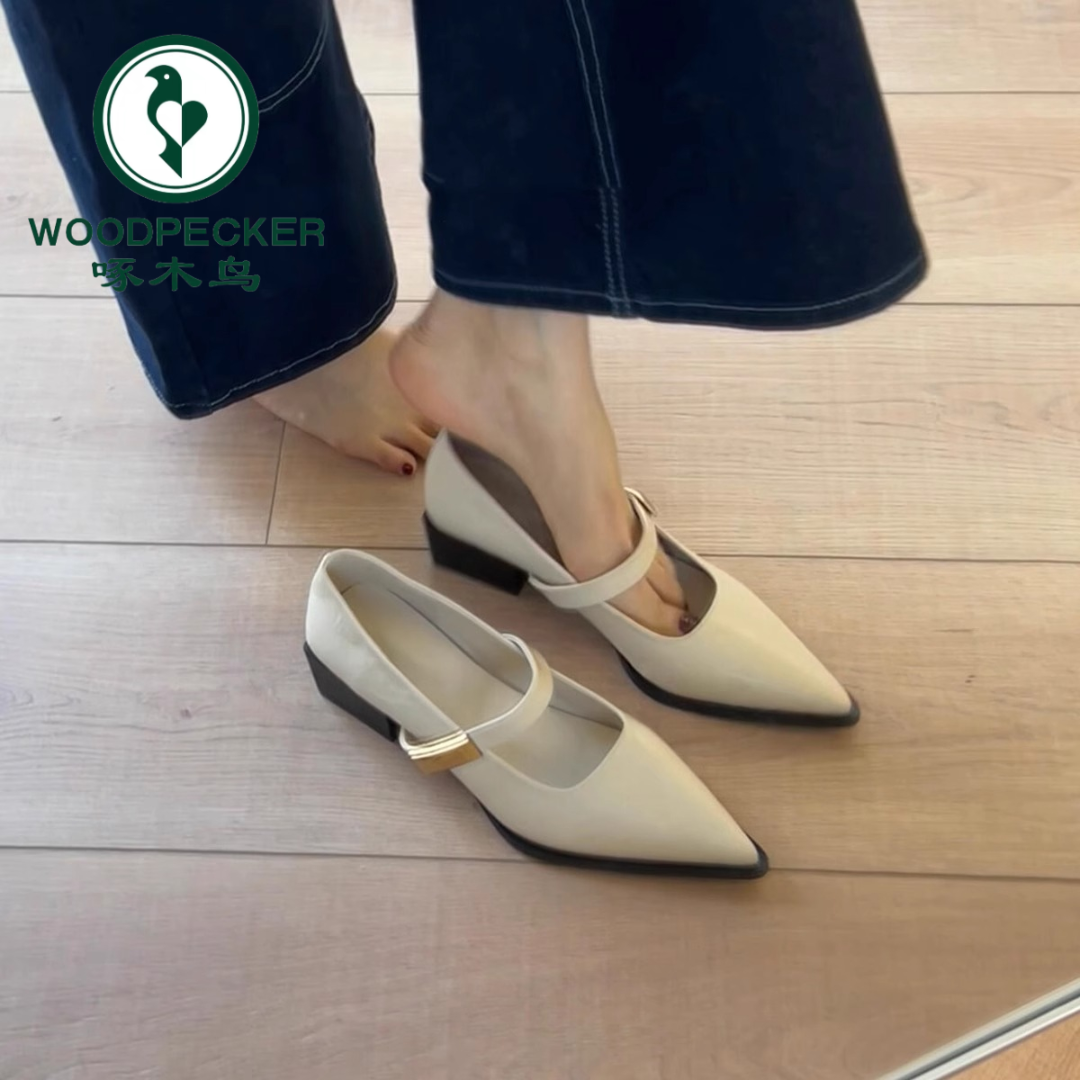 啄木鸟粗跟方跟尖头小皮鞋女2025新款春夏法式气质低跟玛丽珍单鞋