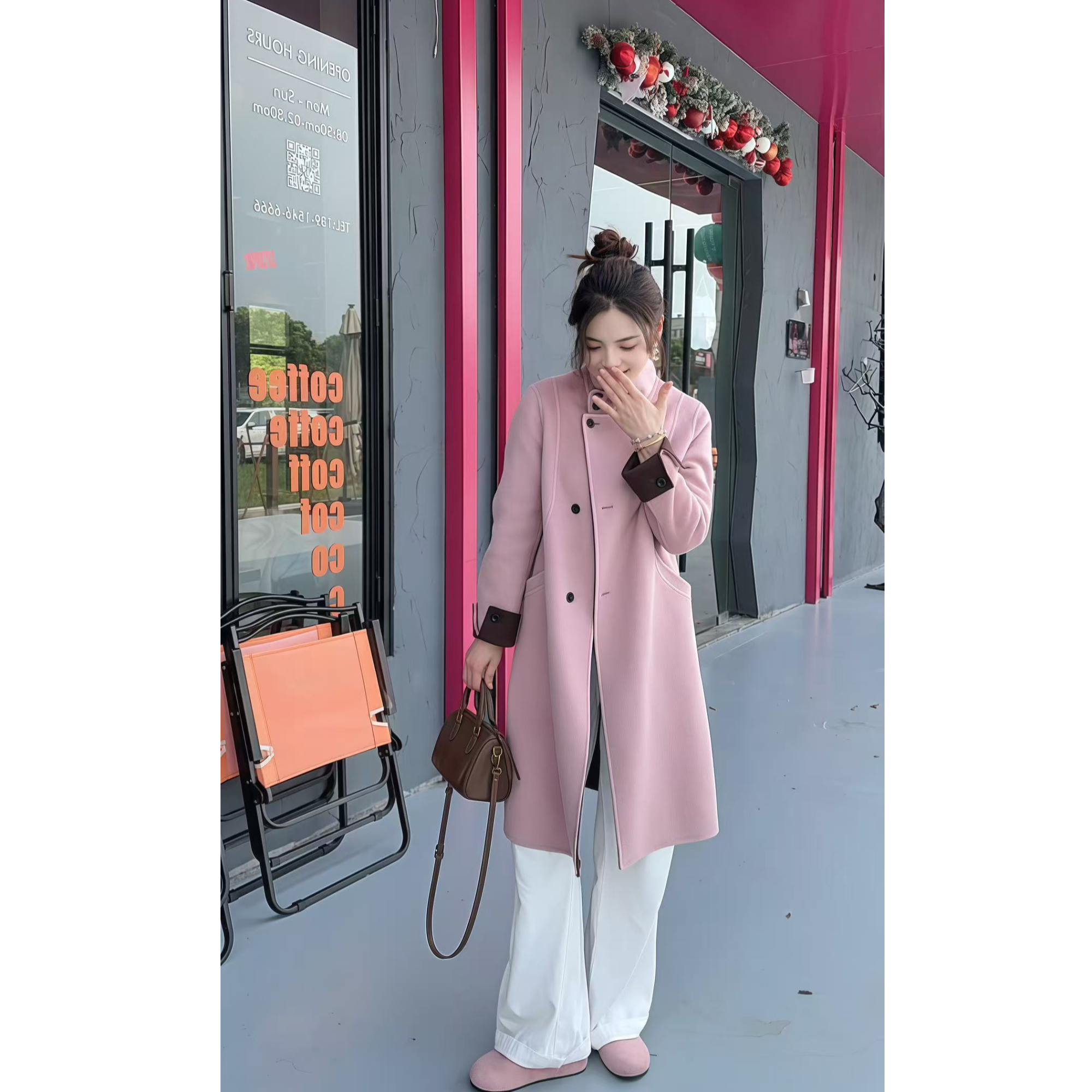 【山羊绒+天丝】快衣布小个子气质百搭显瘦立领双色羊绒大衣8802