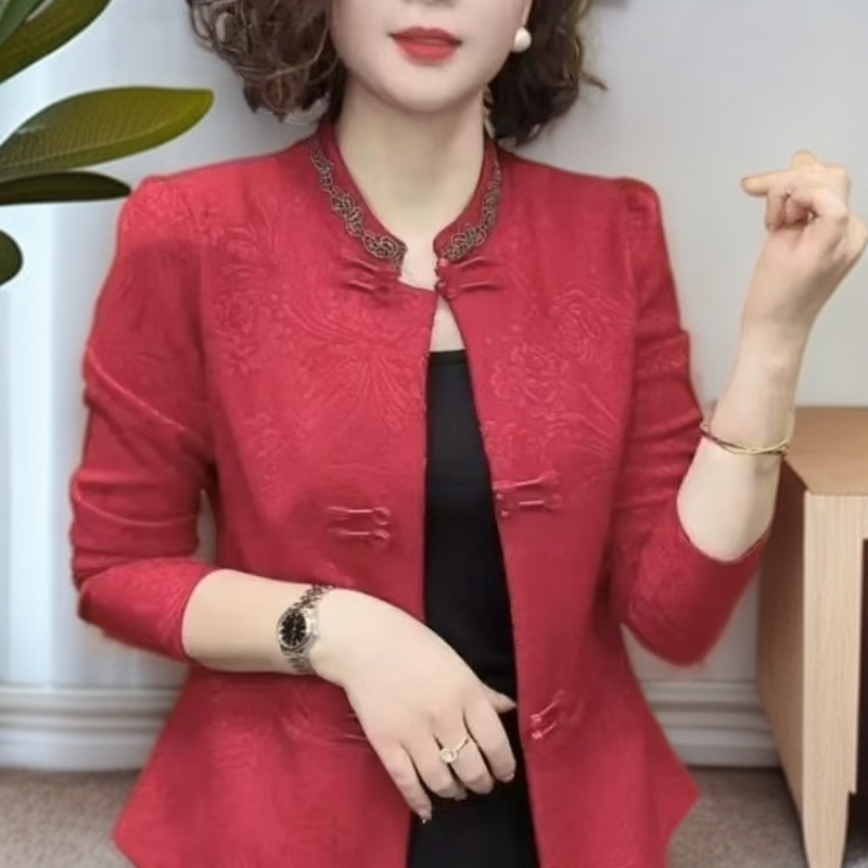 百搭盘扣上衣显瘦长袖新款气质复古减龄洋气立领烫钻外套时尚女士