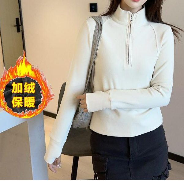 半拉链内搭绒衫显瘦长袖保暖秋冬季德绒设计感打底衫上衣T恤百搭
