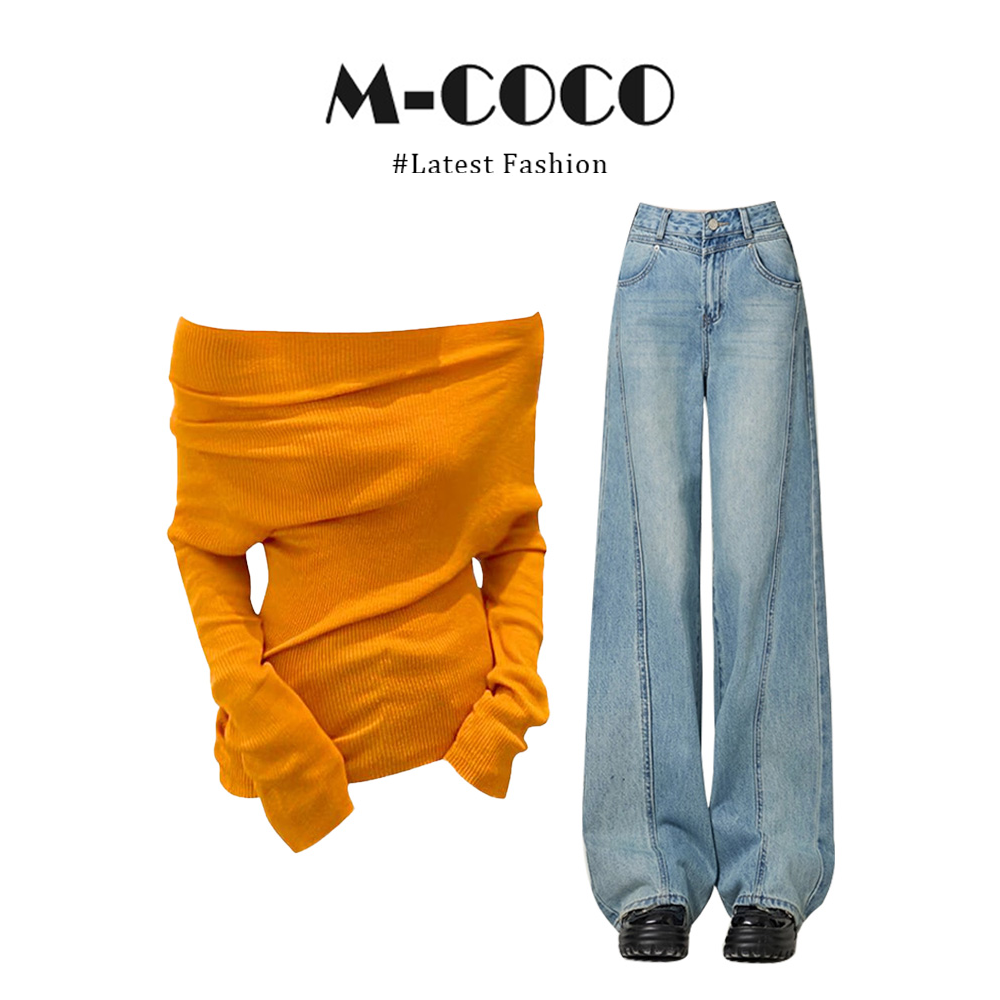 早秋慵懒风橘色褶皱锁骨长袖一字肩针织衫牛仔裤套装